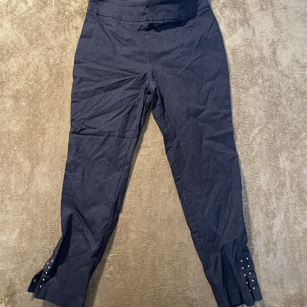 Roz & Ali Pants Womens Sz 8 Navy Blue Pull-On Stretch Studded Slash Ankle Casual